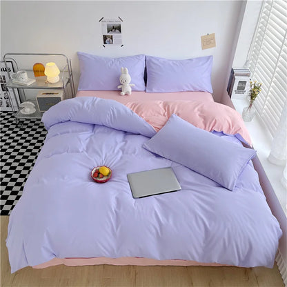 Simple Style 100% Washed Cotton Duvet Cover Queen King 3 Pieces Solid Color Bedding Set, 1 Quilt Cover and 2 Pillowcases, Purple