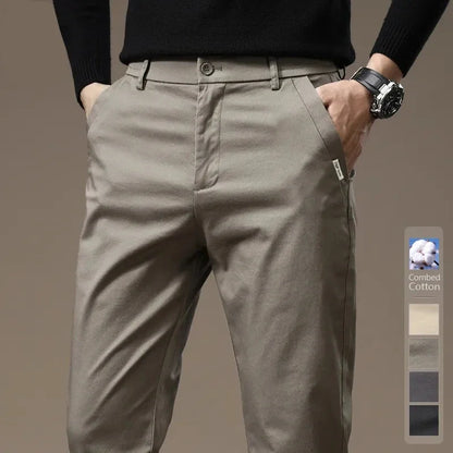 Autumn New Pure Cotton Casual Pants for Men Black Khaki Gray Business Slim Straight Elastic Fashion Casual Long Pants Male