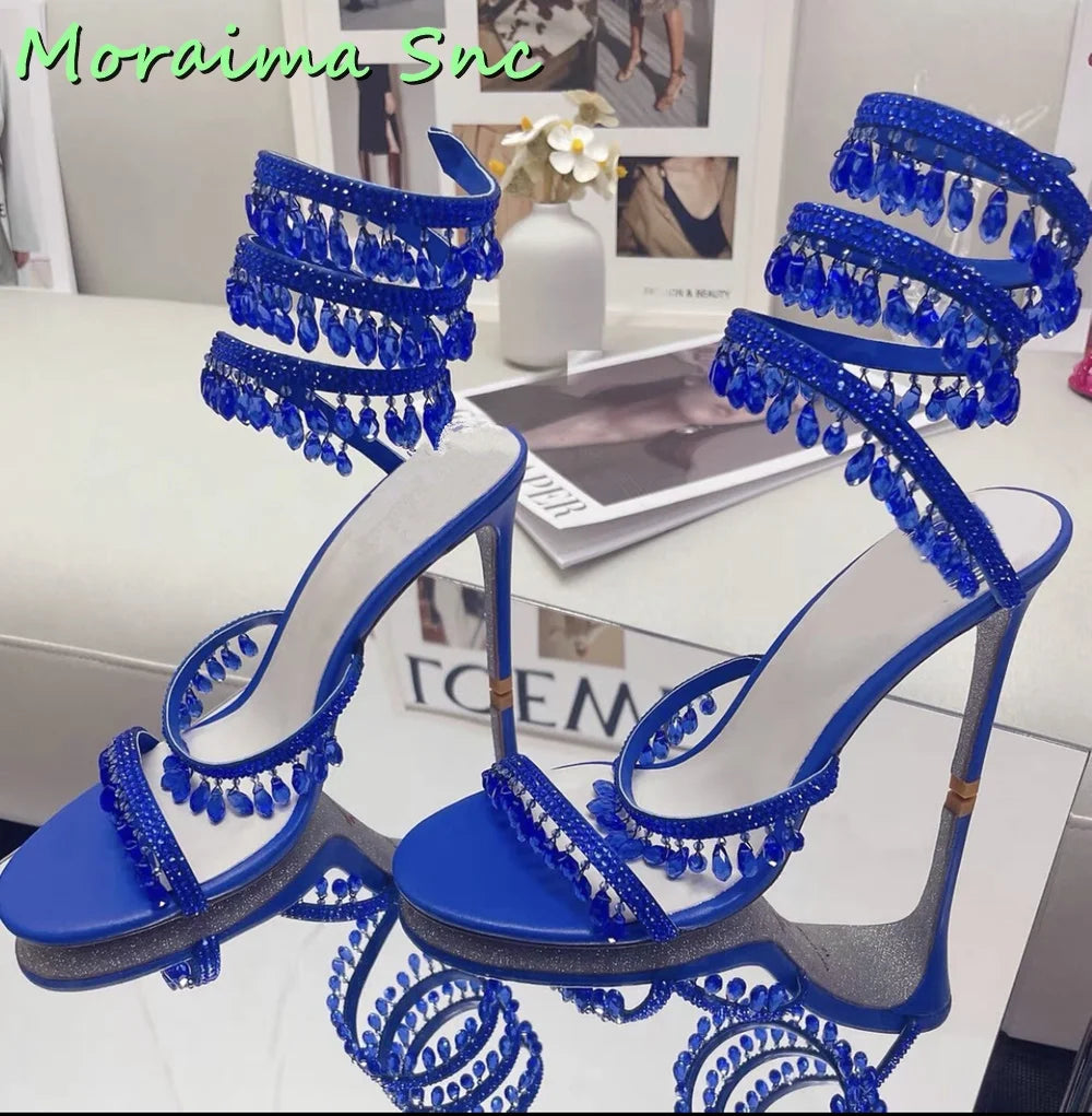 Sexy Luxury Crystal Bling Winding Sandals Stiletto High Heel Open Toe Green Solid Women Wedding Shoes Summer Dress Runway New