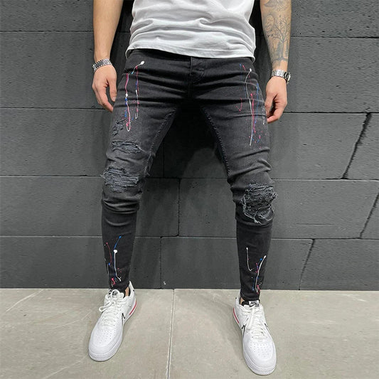 New Jeans Paint For Men Spring Summer Fashion Men Wash Worn Holes Patch Paint printing micro-bullet Small Feet Black Male Denim