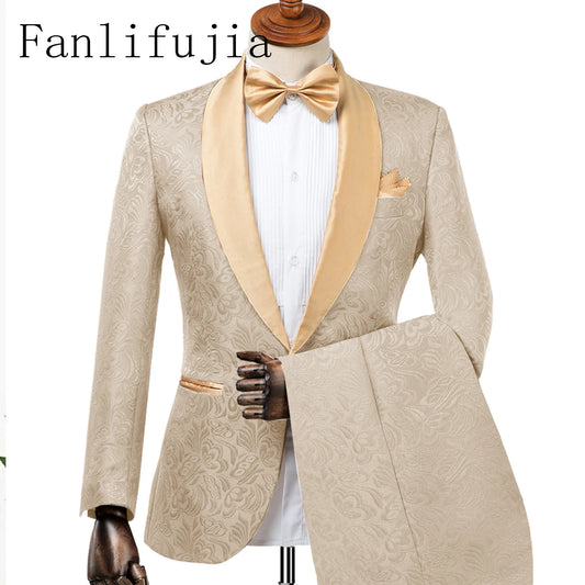 Fanlifujia Mens Wedding Suits 2024 Italian Design Custom Made Champagne Smoking Tuxedo Jacket 2 Piece Groom Terno Suits For Men