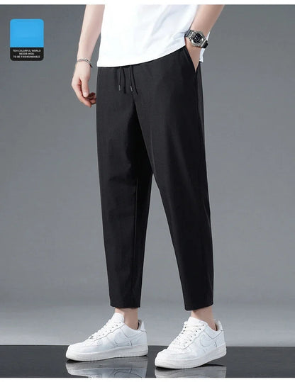 125KG Big Size Summer Ice Silk Crop Pants Men's Elastic Casual Edition Trendy Loose and Quick Drying Sports Large Crop Pants