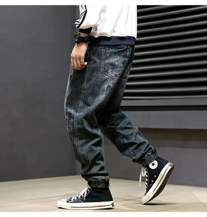 Street Fashion Men Jeans Retro Blue Printed Designer Big Pocket Casual Cargo Pants Hombre Hip Hop Joggers Men Loose Ripped Jeans