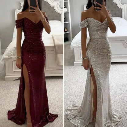 Summer Dress SkinnySequin Pleated Split Maxi Bodycon Dress Slim Fit Off Shoulder Evening Party Prom Dress Birthday Clubwear