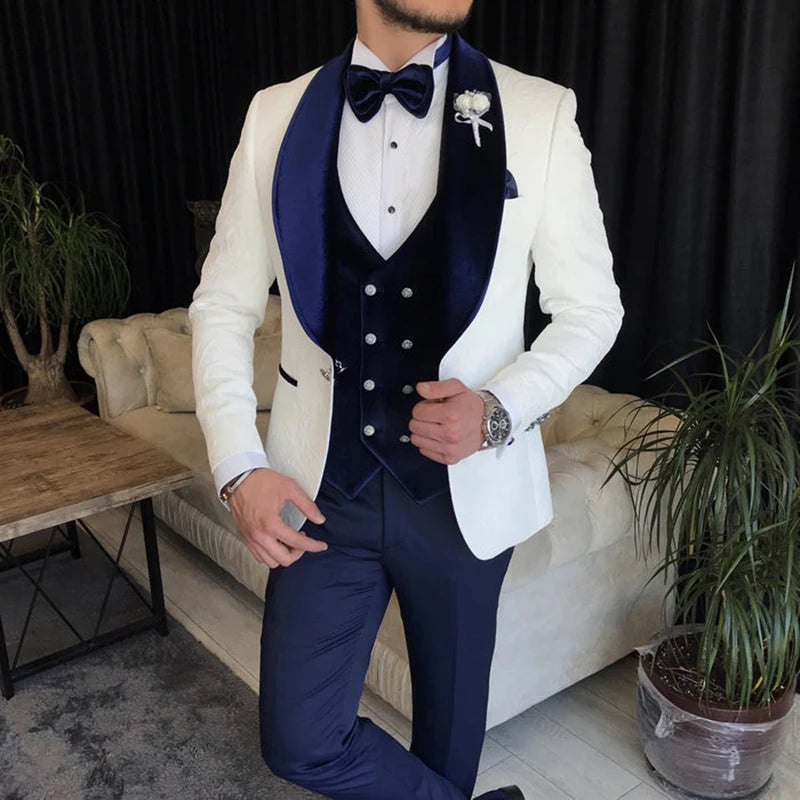 Best White And Navy Wedding Suit Peaky Blinder Velvet Vest Three Pieces Groom Suits Formal Dinner Party Bussiness Customized