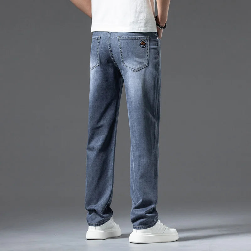 2024 spring and summer new styles Men's baggy jeans light blue Stylish thin lyocell stretch jeans