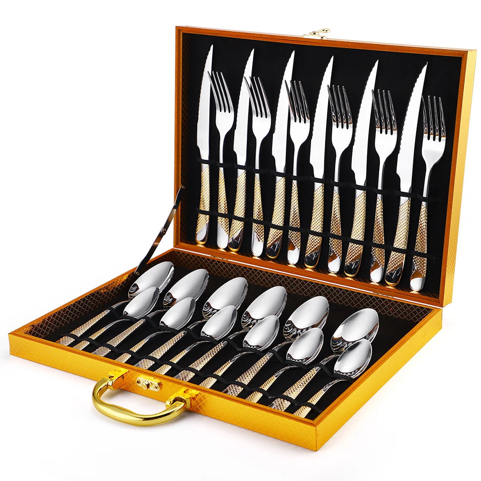 Russian stainless steel tableware set, Crown knife, fork, spoon, gift box packaging for kitchen 24-piece set, Boutique tableware