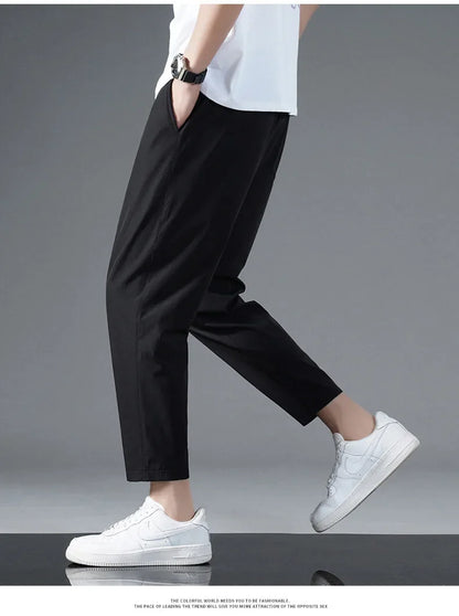 125KG Big Size Summer Ice Silk Crop Pants Men's Elastic Casual Edition Trendy Loose and Quick Drying Sports Large Crop Pants