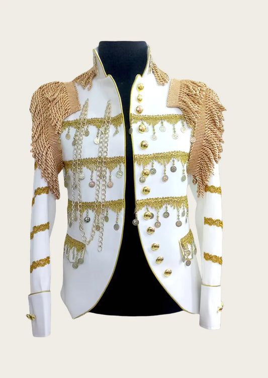 Handmade Men's Royal White Exo Performance Jacket Costume Party Show Host Stage Dress Nightclub Male Singer Dancer Outfits