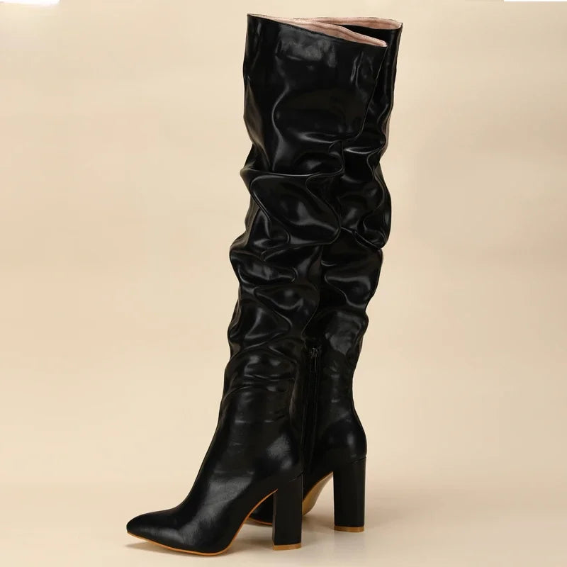 Winter Women Over-the-Knee Boots Punk Style Square High Heel Zipper Shoes Pleated Pointed Toe Ladies Long Booties