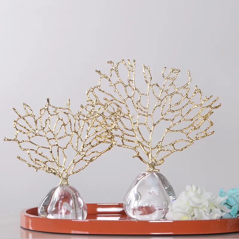 Imitation Coral Ornaments Crystal Metal Tree Glass Vase Hollow Metal Frame Resinous Coral Ocean Decorative Figurines Home Decor