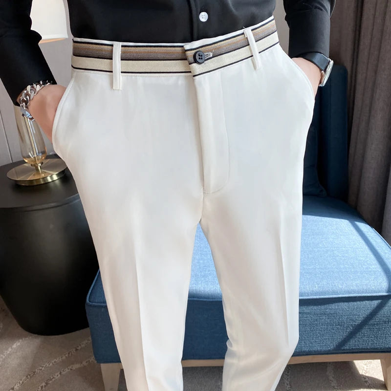 Fashion Waist Stripes Suit Pants 2022 Summer Black White Slim Fit Trousers Mens Brand Formal Business Wedding Casual Pant Hombre