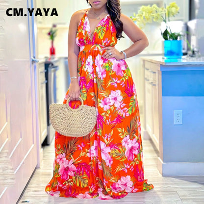 CM.YAYA Women Halter Sleeveless Pleated Backless V-neck Long Maxi Dress Floral Print 2024 bohemian beach Street Vestidos Dresses