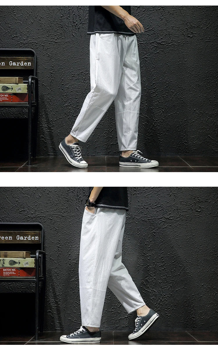 100% Cotton Ankle Length Pants Summer Casual Pants Man Trendy Japanese Loose Pants Men