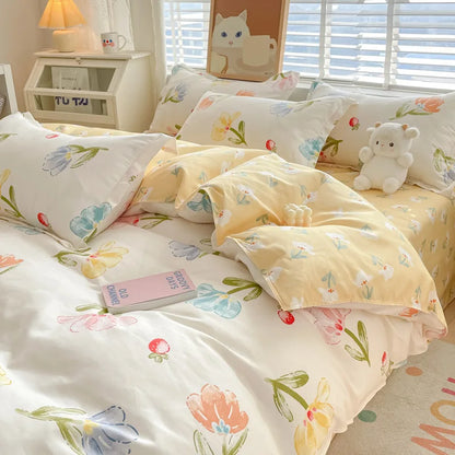 Cute Home Comforter Bedding Sets Washed Cotton Duvet Cover Flat Bed Sheet Set Twin Full Queen King Size Bed For Girls Couple