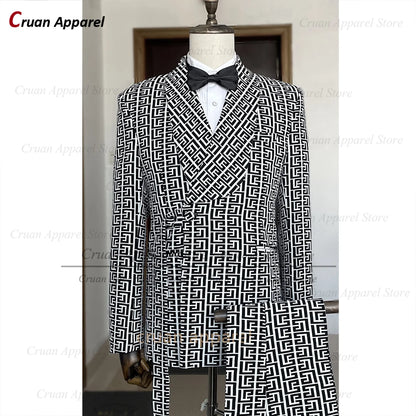 Luxury Men Suit Slim Fit Fashion Designs Plaid Pattern Printing Tuxedos for Men Custom Wedding Party Jacket Pants 2 Pieces Set