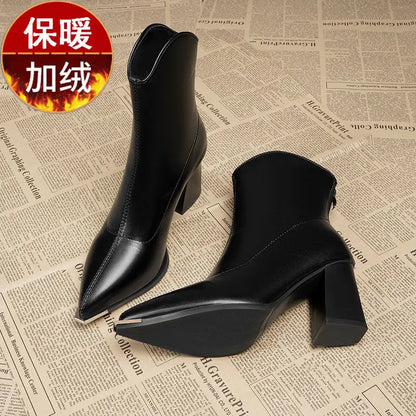 Fall/winter Women's Petite Pointed Toe Thick Heel Short Boots French Style Ankle Boots