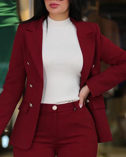 Elegant Office Lady Two Piece Sets New Autumn Winter Women Fashion Notched Neck Long Sleeve Blazer & High Waist Work Pants Suit