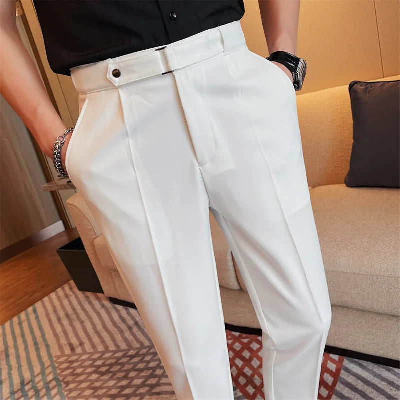 2024 Summer Fashion Belt Design Suit Pant High-waist Solid Color Business Slim Fit Formal Wedding Social Dress Ankle Pants 38-28