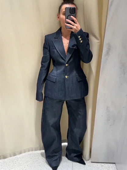 Fashion Denim Blazer Long Pants Sets Women Spring Single Breasted Suit Jacket Chic V-neck Vest Wide Leg Pants Suits OL 3 Pcs Set