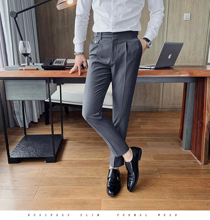 British Style New Solid High Waist Suit Pant Men Business Formal Wear Trousers 2024 High Quality Slim Casual Office Suit Pants