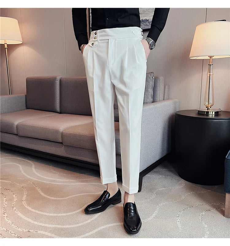 British Style Pants Men High Waist Belt Design Casual Slim Formal Office Dress Pant Men Social Wedding Party Dress Suit Trousers