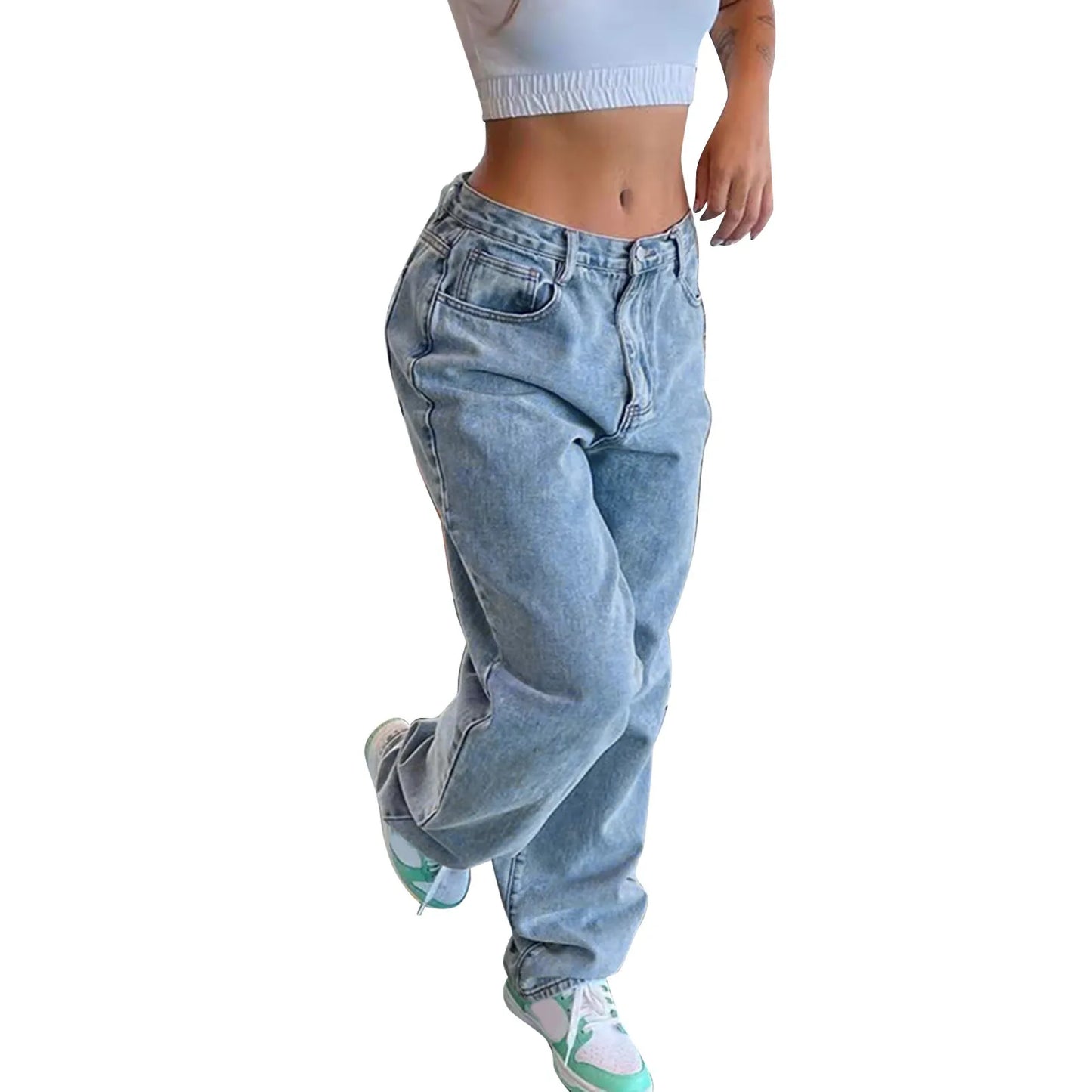 Women Fashion Jeans Solid Color High Waist Straight Leg Wide Leg Jeans Trousers