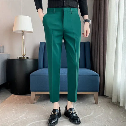 9 Color Summer Fashion Mens Suit Pants Pure Color Business Formal Pants Slim Fit Office Mens Wedding Social Ankle Long Trousers