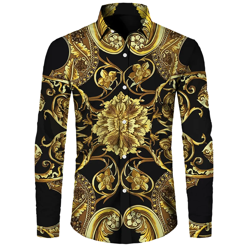 Golden Flower Pattern Print Men's Shirts Casual Single-Breasted Cardigan Long Sleeve Shirt Fashion Trend Tops Men Clothing