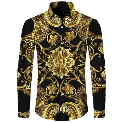 Golden Flower Pattern Print Men's Shirts Casual Single-Breasted Cardigan Long Sleeve Shirt Fashion Trend Tops Men Clothing