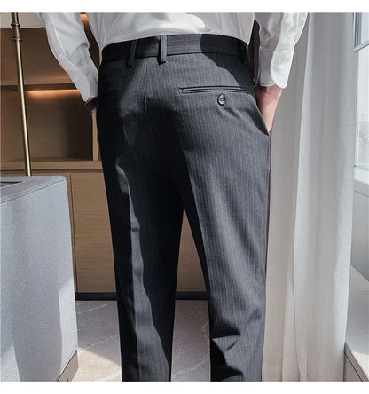 Men Boutique Black Striped Suits Pants Male Formal Wear Wedding Dress Trousers Quality British Style Business Casual Suit Pants