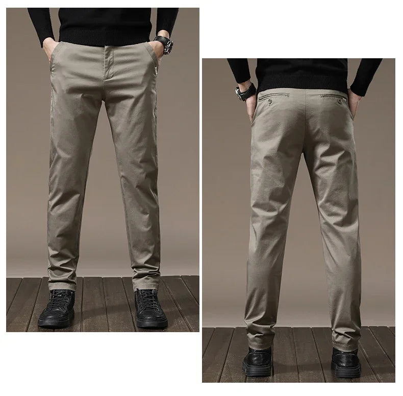 Autumn New Pure Cotton Casual Pants for Men Black Khaki Gray Business Slim Straight Elastic Fashion Casual Long Pants Male