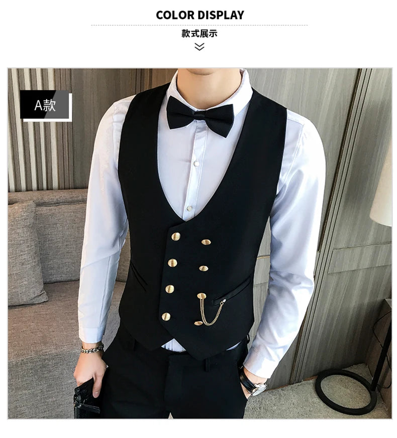 2025 Latest Style Double Breasted Men Suit Vest Gold Button Slim Fit Formal Groom Wedding Vest Streetwear Sleeveless Vest Jacket