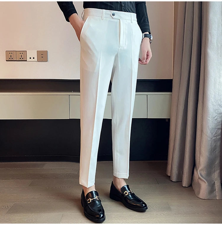 Green Elegant Elastic Mens Social Pants Skinny Cropped White Formal Stretch Pants Mens Trousers Office Slim Fit Party Club 2023