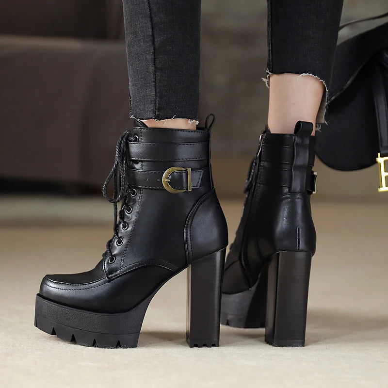 Fashion Platform Women Boots Square High Heel Ankle Boots Lace Up Zipper Motorcycle boots Autumn Winter Plush Ladies Shoes