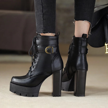 Fashion Platform Women Boots Square High Heel Ankle Boots Lace Up Zipper Motorcycle boots Autumn Winter Plush Ladies Shoes