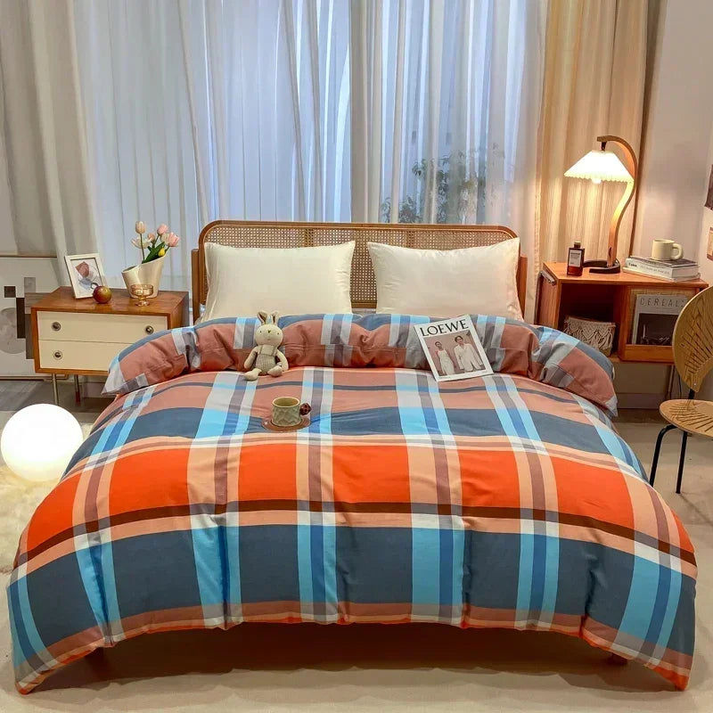 Geometric Plaid Duvet Cover 100% Cotton Queen Size Bedding Multicolor Buffalo Grid Skin-friendly Soft Quilt Cover with Zipper