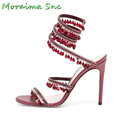 Sexy Luxury Crystal Bling Winding Sandals Stiletto High Heel Open Toe Green Solid Women Wedding Shoes Summer Dress Runway New