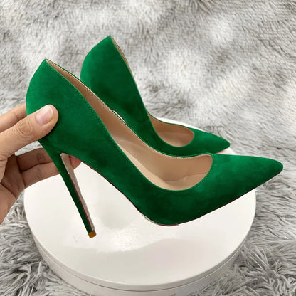 NoEnName_Null-Green high heel Suede  High Heel Shoes Sky High Pointed Toe Dress Pumps Slip-on Shallow Heels 12cm