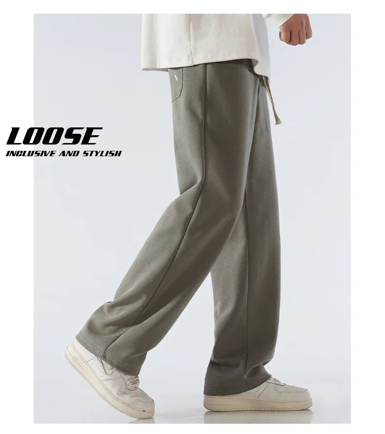 Men's Pants Wide Leg Cotton Fabric Straight Loose Outdoor Solid Color Knitted Sweatpants High-quality Soft Long Baggy Trousers