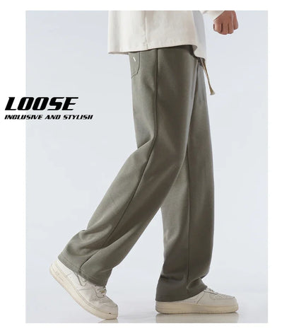 Men's Pants Wide Leg Cotton Fabric Straight Loose Outdoor Solid Color Knitted Sweatpants High-quality Soft Long Baggy Trousers