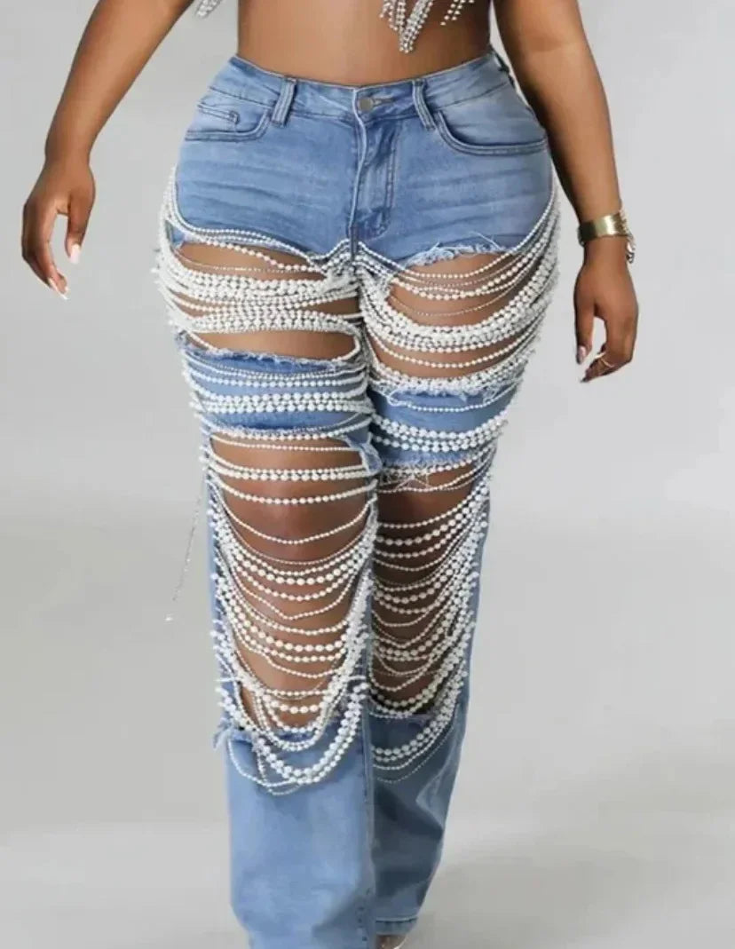 Spice Girl Summer Pants Ripped Heavy Industry Beaded Elastic Jeans Trousers Women JEANS