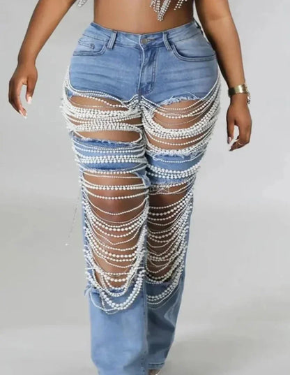 Spice Girl Summer Pants Ripped Heavy Industry Beaded Elastic Jeans Trousers Women JEANS