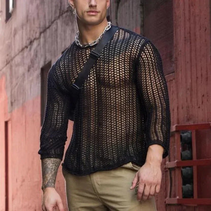 New Long-sleeved Sexy T-shirt Bottoming Shirt Fashion Woven Solid Color Knit Slim Mesh Tops Men Oversized T Shirt