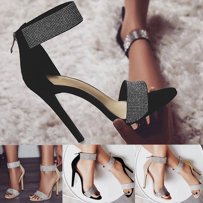 Ladies Diamonds Stiletto Heel Back Zipper Sandals For Wedding Party Dress Fashion Sexy Cocktail Party Open Toe High Heels Shoes