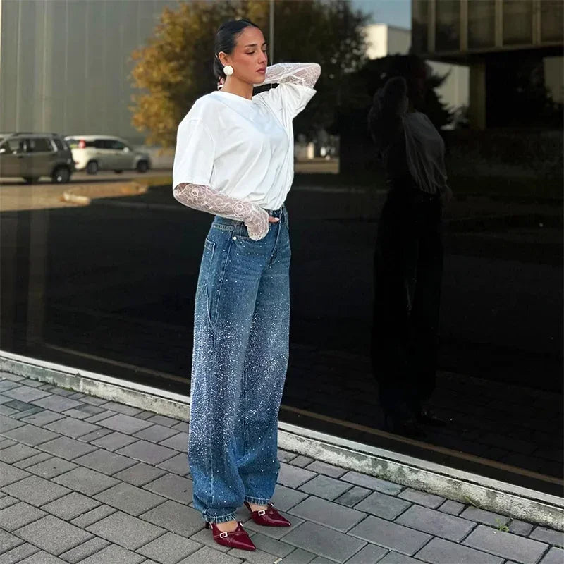 Rhinestone Wide Leg Lady Jeans Diamonds Denim Straigt High Waist Zipper Female Pants 2025 Fashion Pockets Street Lady Trouser