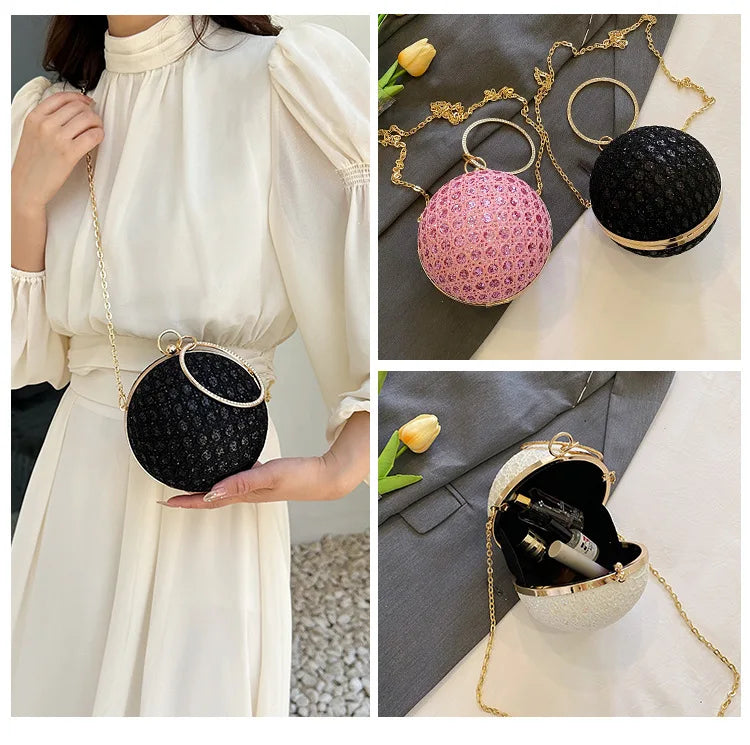 Sparkly Round Evening Purses for Women Shiny Diamonds Handbag Unusual Party Mini Small Bags Fashion Luxury Shoulder Bag Woman