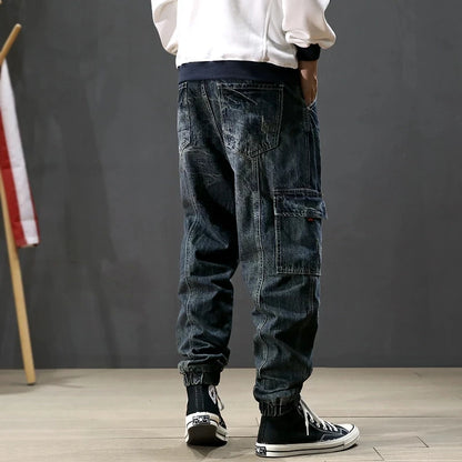 Street Fashion Men Jeans Retro Blue Printed Designer Big Pocket Casual Cargo Pants Hombre Hip Hop Joggers Men Loose Ripped Jeans