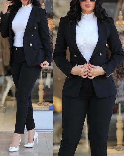 Elegant Office Lady Two Piece Sets New Autumn Winter Women Fashion Notched Neck Long Sleeve Blazer & High Waist Work Pants Suit