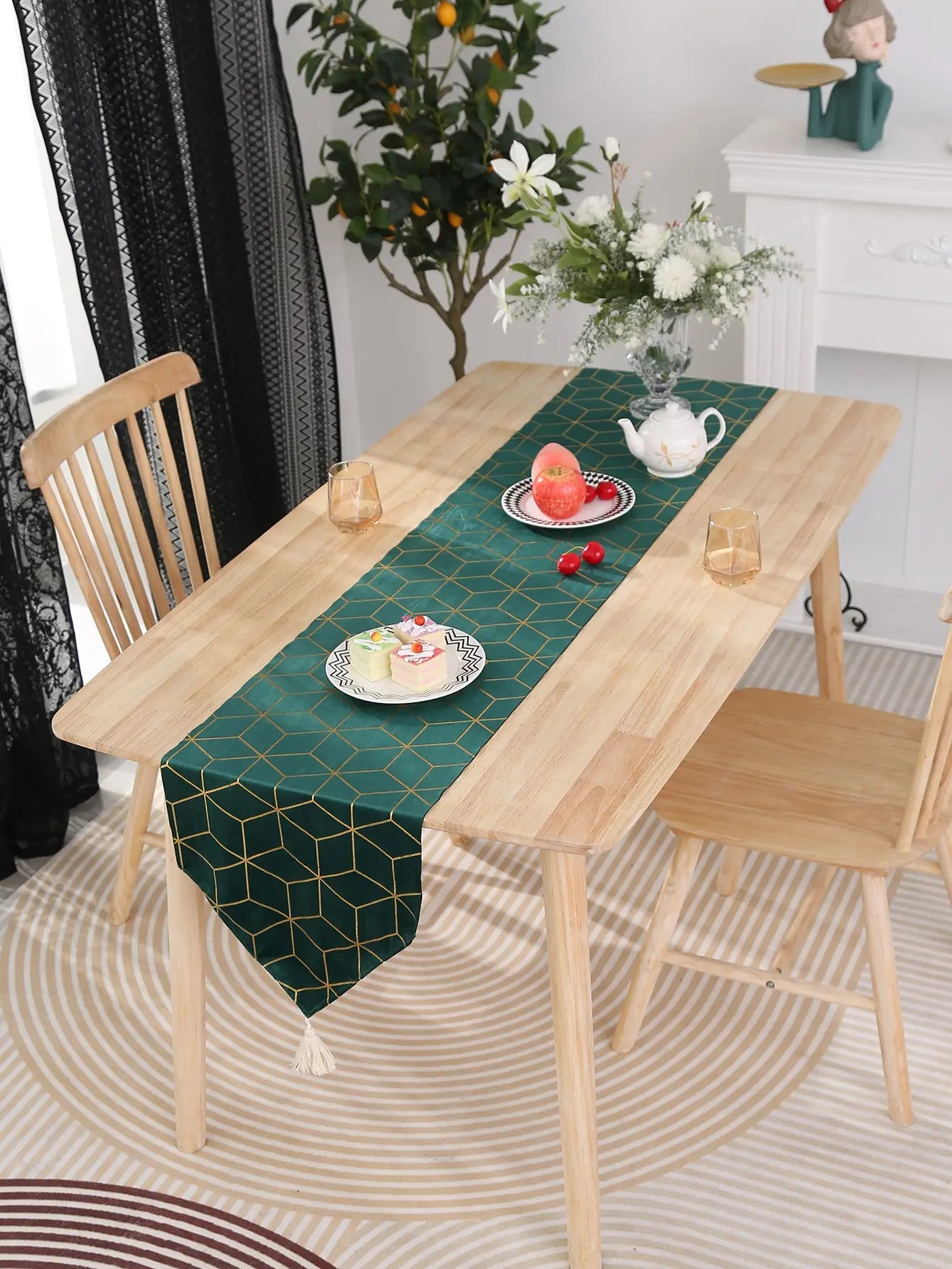 Green Geometric Table Runner 9FT Hunter Emerald Green Table Runner with Gold Foil Patterns